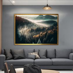 foggy mountain landscape canvas painting, foggy forest wall art print, foggy mountain forest home decor, nature landscap