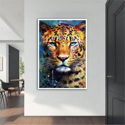 painted tiger canvas painting, colorful tiger poster, tiger wall art, blue eyes tiger art, tiger home decor, animal wall