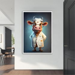 professor cow canvas painting, professor cow poster, professor cow wall art, professor cow art, animal canvas, animal wa