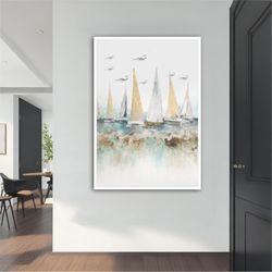 ship canvas, sailboats canvas print, seascape wall art, sailboats and seagulls canvas painting