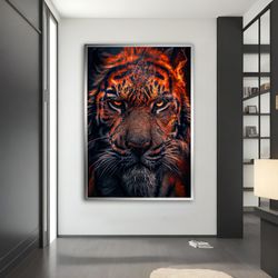 tiger canvas painting, fiery tiger poster, angry tiger wall art, tiger home decor, animal wall decor, animal wall art