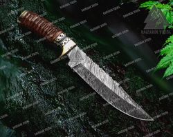 hand forged damascus steel blade knife with damascus guard & pommel - natural wood handle, personalized masterpie