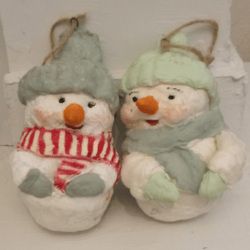 pair of adorable snowman christmas ornaments, handmade from paper-mache