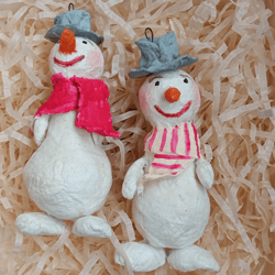 2 adorable christmas tree decoration snowman with handmade paper-mache hats