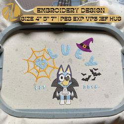 blue dog est 2018 halloween embroidery design, happy haloween embroidery file, blue dog cartoon embroidery design, halloween trending design, 3 sizes