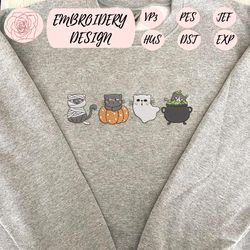 spooky halloween cats embroidery machine design, spooky vibes embroidery design, cute cat ghost embroidery design