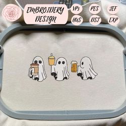 little ghost ice coffee embroidery machine design, cute ghost embroidery machine design, halloween spooky vibes embroidery file