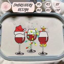 christmas wine glass embroidery, santa wine embroidery, christmas embroidery designs, christmas lights embroidery designs