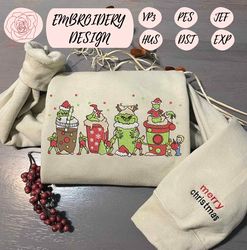 christmas embroidery designs, grinchmas coffee embroidery, iced warm winter, hand drawn embroidery, merry christmas embroidery
