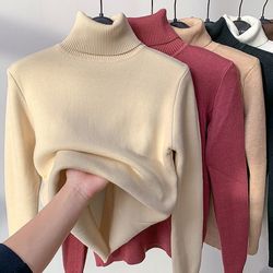 turtleneck winter sweater women elegant thicken velvet lined warm sueter knitted pullover slim tops jersey knitwear jump