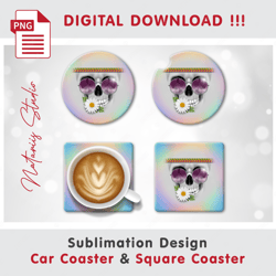 funny hippie skull design - sublimation waterslade pattern - car coaster design - digital download