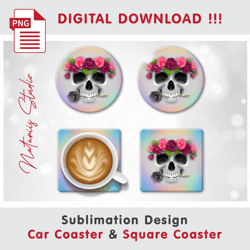 funny flowers skull design - sublimation waterslade pattern - car coaster design - digital download