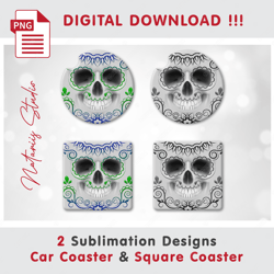 2 funny sugar skull designs - sublimation waterslade patterns - car coaster design - digital download