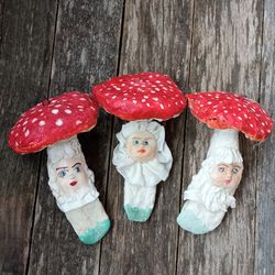 christmas tree decorations, fairy mushrooms, fly agarics with faces, handmade