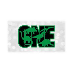 animal clipart: black word 'one' with cutout dinosaur silhouettes overlay on green - t-rex, stego, bronto - digital download svg png dxf pdf