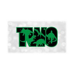 animal clipart: black word 'two' with cutout dinosaur silhouettes overlay on green - t-rex, stego, bronto - digital download svg png dxf pdf