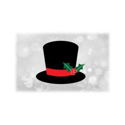 holiday clipart: layered black top hat with red band and holly berries for magician, christmas snowman, others - digital download svg & png