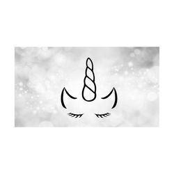 animal clipart: simple easy black unicorn face outline with horn, ears, and peaceful closed eyes with eyelashes - digital download svg & png