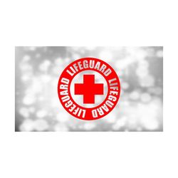 medical clipart: large bold red cross with cutout words 'lifeguard' curved around it for swimming pools - digital download svg png dxf pdf