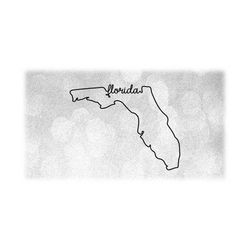geography clipart: black silhouette outline of the state of florida with border labelled in script style writing - digital download svg/png