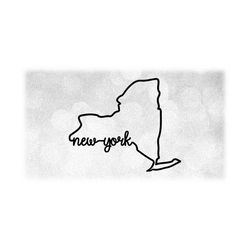 geography clipart: black silhouette outline of the state of new york, usa labelled with state name on border - digital download svg & png