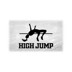sports clipart: track and field high jump event silhouette with female jumper and bar in black with 'high jump' - digital download svg/png