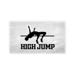 sports clipart: track and field high jump event silhouette with male jumper and bar in black with 'high jump' - digital download svg/png