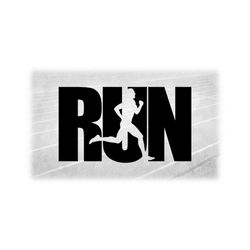 sports clipart: bold black word 'run' with cutout silhouette of male / man athlete running - track/cross country digital download svg & png