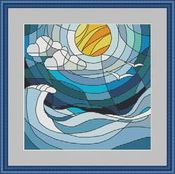 sea scape cross stitch pattern digital format pdf stained glass embroidery modern water storm waves cross stitch