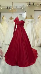 one-sleeved red satin engagement dress - a-line lux satin design - sevim atak exclusive collection