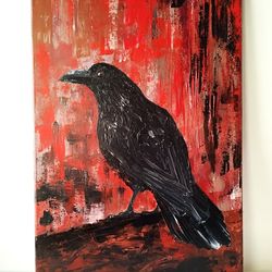 black raven acrylic painting bird art - handcrafted on canvas