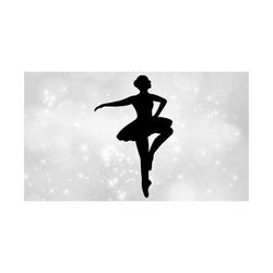 sports clipart: black ballerina silhouette in ballet dance pose with leg bent, wearing ballet suit with tutu - digital download svg & png