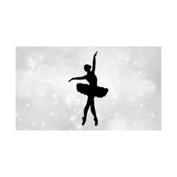 sports clipart: black ballerina silhouette in ballet dance pose, wearing ballet suit with fluffy tutu / skirt - digital download svg & png