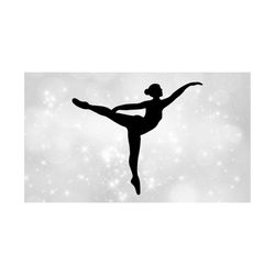 sports clipart: black ballerina silhouette in front leaning ballet dance pose on one leg, wearing ballet suit - digital download svg & png