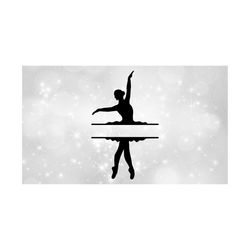 sports clipart: black ballerina silhouette in ballet dance pose with fluffy tutu skirt, blank split name frame - digital download svg & png