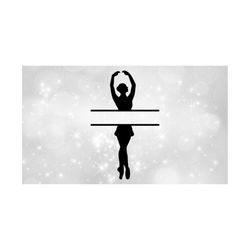 sports clipart: black ballerina silhouette in ballet dance pose in ballet suit/slippers, blank split name frame - digital download svg & png