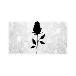 nature clipart: large black only simple, easy, elegant, beautiful rose bud on stem with decorative leaves - digital download svg & png