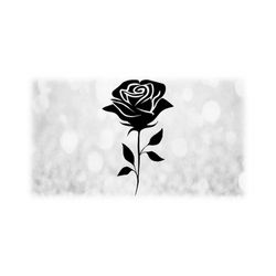 nature clipart: large black only simple, easy, beautiful full bloom rose on stem with decorative leaves - digital download svg & png