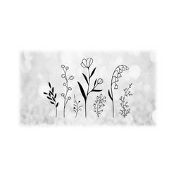 flower/nature clipart: simple, black silhouette outlines of seven blooming wildflowers in a patch - digital downloads in svg png dxf pdf