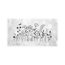 flower/nature clipart: simple, thin black silhouette outlines of 14 wildflowers on a single sheet - digital downloads in svg png dxf pdf