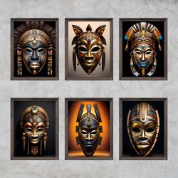 set of 6 african mask printable wall art, ethnic and traditional african mask design bundle