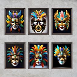 set of 6 brazilian rio carnival mask printable wall art, traditional brazilian rio carnival mask design bundle