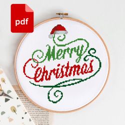 merry christmas lettering cross stitch pattern pdf instant download, merry christmas cross stitch chart