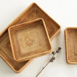 set of handwoven storage basket square wicker tray picnic basket bread food plate fruit cake sundries box kitchen