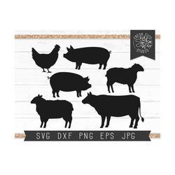 farm animal svg files for cricut, silhouette, farm animal silhouettes, pig svg, hog svg, cow silhouette svg, sheep svg, farm sign svg png