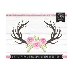 floral deer antler svg cut file instant design files for cricut, silhouette, antler flower svg, rose antlers svg, antlers with flowers svg