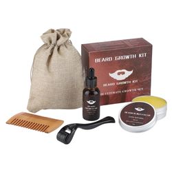 Men Beard Growth Kit Essential Oil Moisturizing Beard Balm Hair Enhancer Growth Roller Comb Wax Styling Scissors