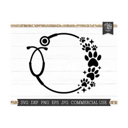 paw stethoscope svg, veterinarian svg cut file cricut, silhouette, circle stethoscope monogram frame sublimation, paw prints, vet tech svg