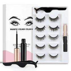 5 pairs magnetic eyelashes liquid eyeliner false eyelashes set waterproof sweatproof long lasting magnet eyelashes makeu