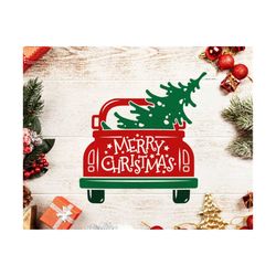 christmas red truck svg, merry christmas svg, christmas truck svg, vintage truck svg, christmas tree svg antique truck s